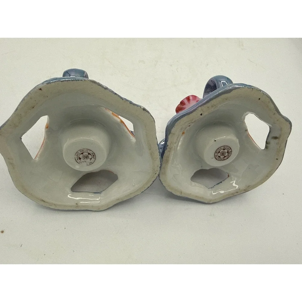 Vintage Handpainted Japan Art Deco Ceramic Candlestick Holders Floral Pair
